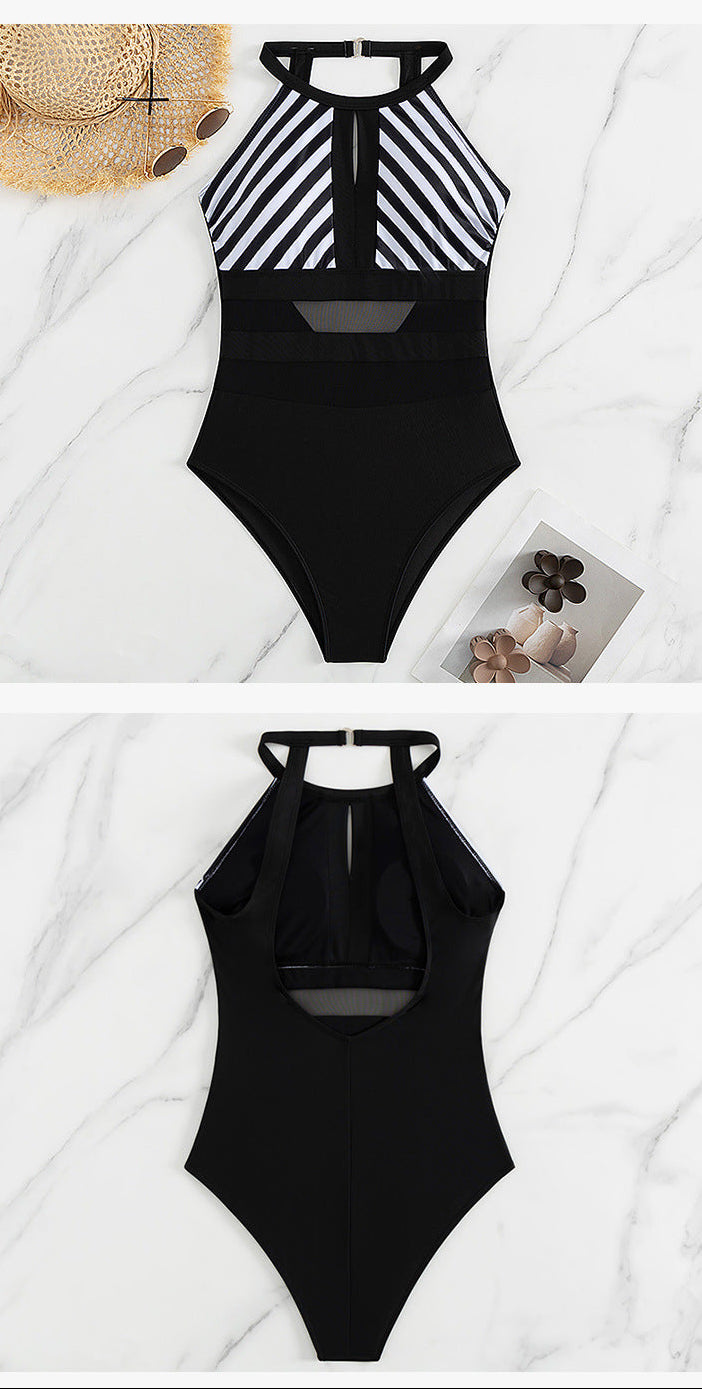 Striped Mesh One-Piece Swimsuit