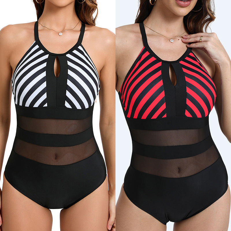 Striped Mesh One-Piece Swimsuit