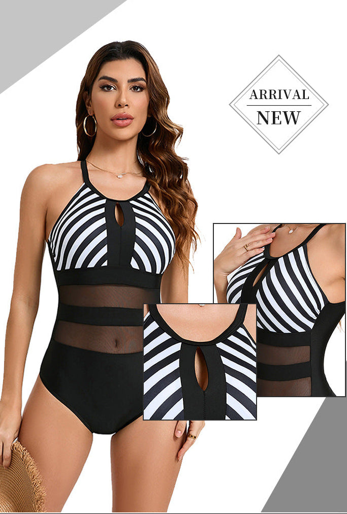 Striped Mesh One-Piece Swimsuit