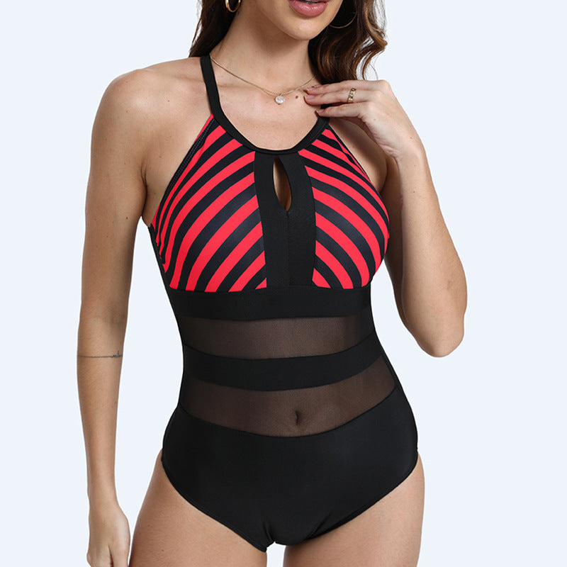 Striped Mesh One-Piece Swimsuit