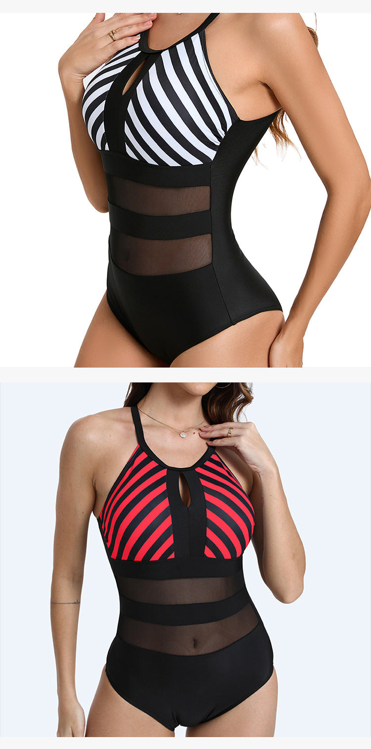 Striped Mesh One-Piece Swimsuit