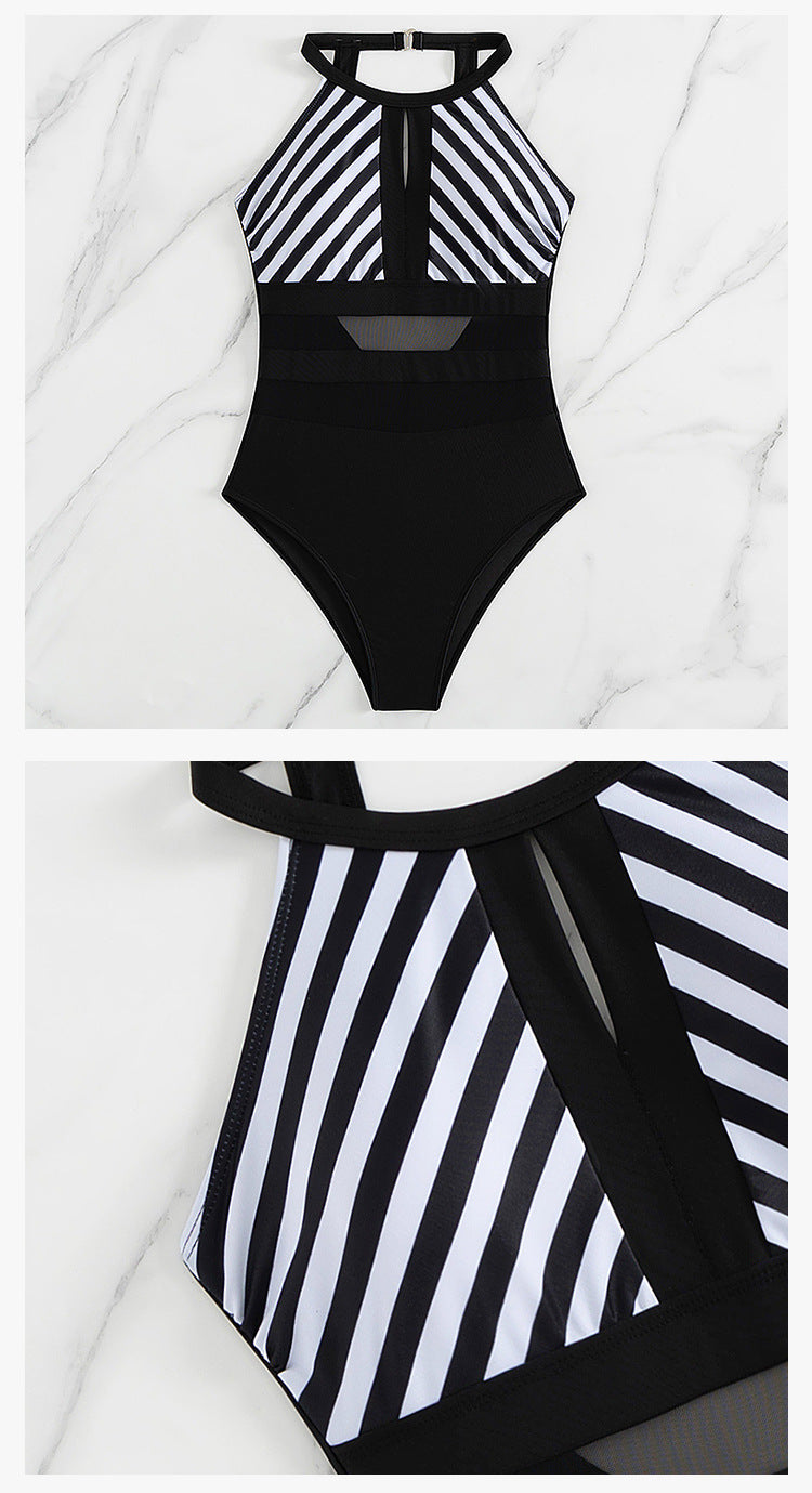Striped Mesh One-Piece Swimsuit