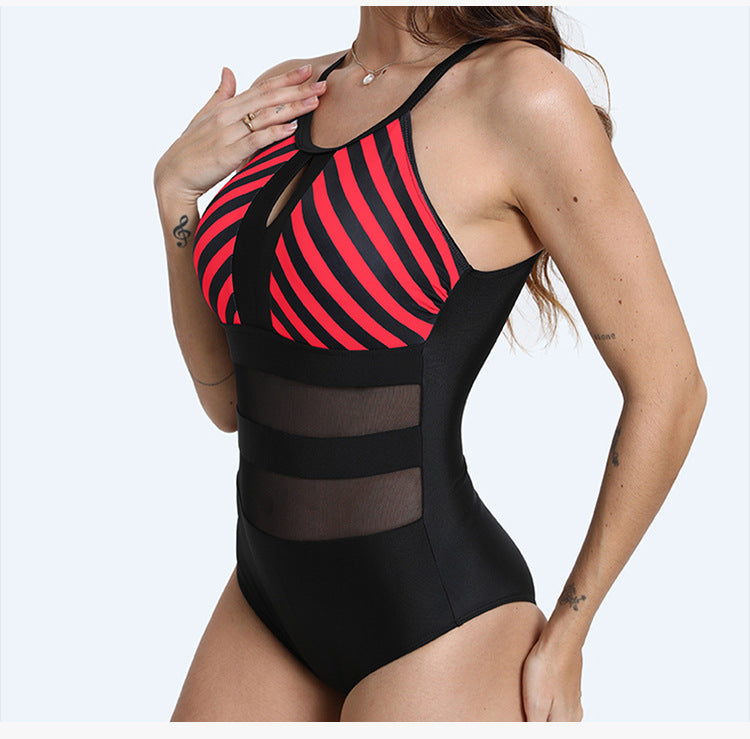 Striped Mesh One-Piece Swimsuit