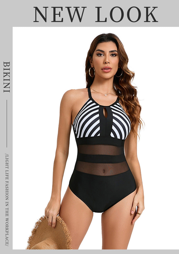 Striped Mesh One-Piece Swimsuit
