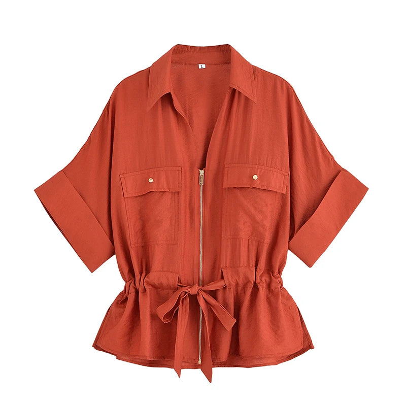 Willshela Women Fashion 2 Piece Set Solid Front Zipper Shirts & Vintage High Elastic Waist Trousers
