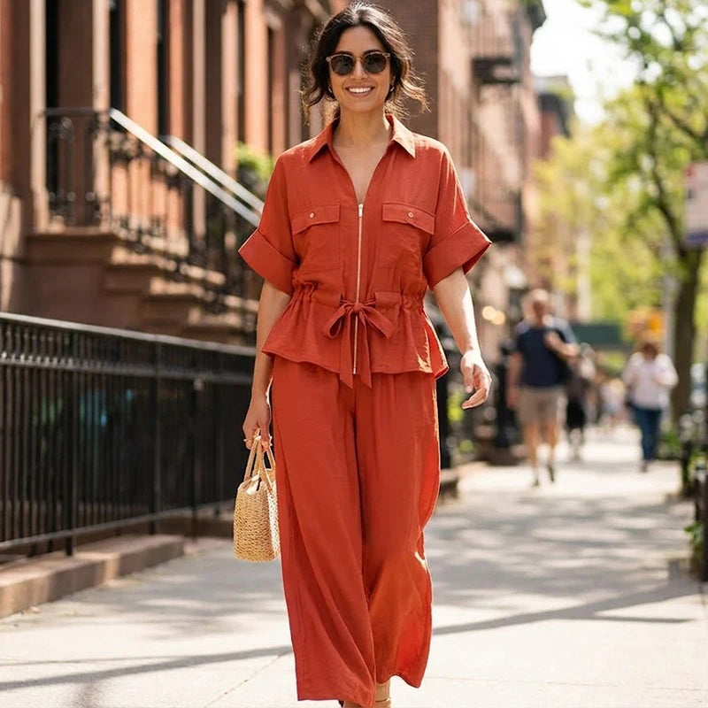 Willshela Women Fashion 2 Piece Set Solid Front Zipper Shirts & Vintage High Elastic Waist Trousers
