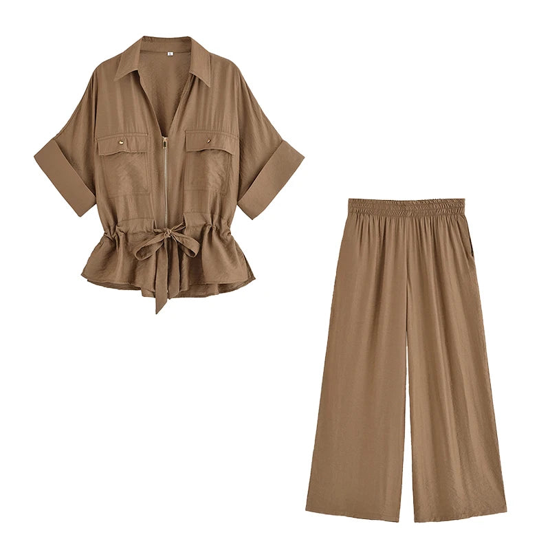 Willshela Women Fashion 2 Piece Set Solid Front Zipper Shirts & Vintage High Elastic Waist Trousers