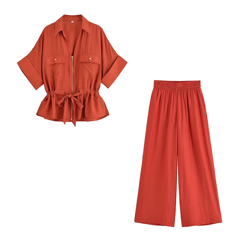 Willshela Women Fashion 2 Piece Set Solid Front Zipper Shirts & Vintage High Elastic Waist Trousers