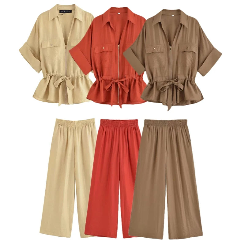 Willshela Women Fashion 2 Piece Set Solid Front Zipper Shirts & Vintage High Elastic Waist Trousers