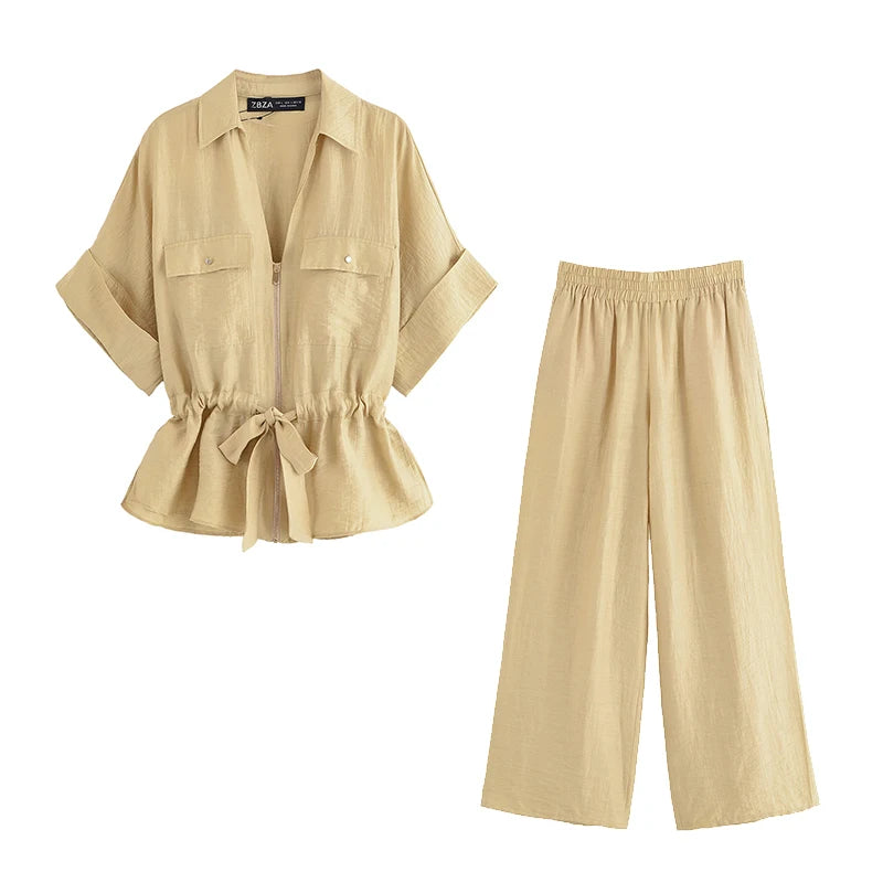 Willshela Women Fashion 2 Piece Set Solid Front Zipper Shirts & Vintage High Elastic Waist Trousers