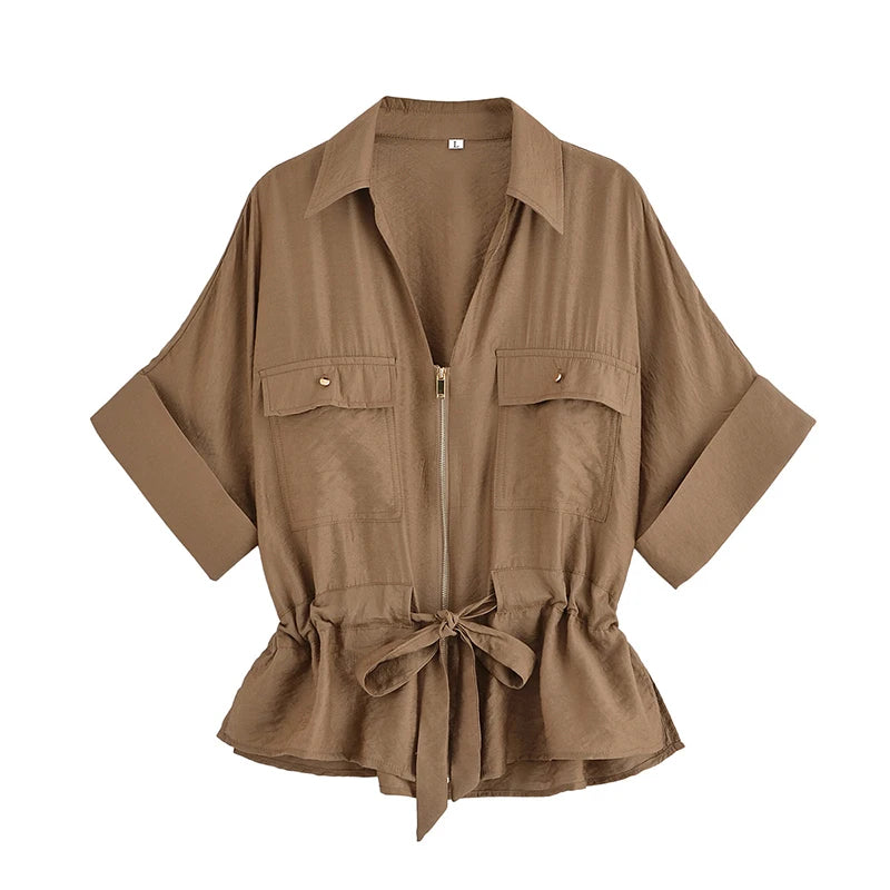 Willshela Women Fashion 2 Piece Set Solid Front Zipper Shirts & Vintage High Elastic Waist Trousers