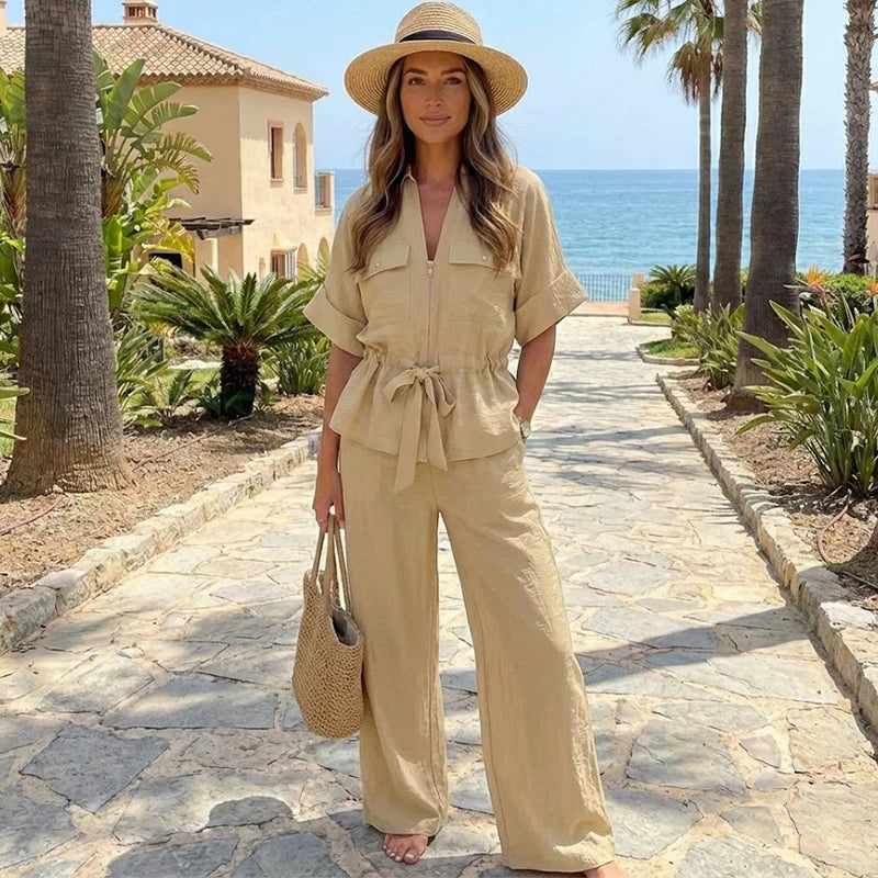 Willshela Women Fashion 2 Piece Set Solid Front Zipper Shirts & Vintage High Elastic Waist Trousers