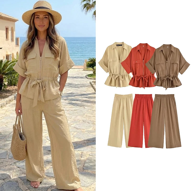 Willshela Women Fashion 2 Piece Set Solid Front Zipper Shirts & Vintage High Elastic Waist Trousers